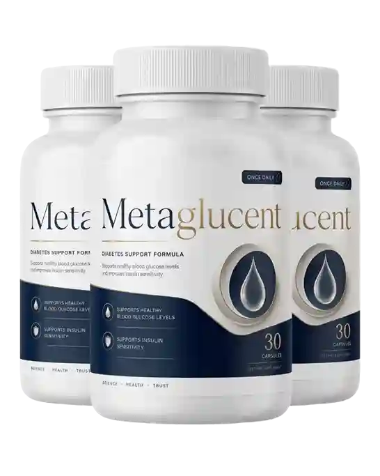 MetaGlucent Diabetes Support Formula &mdash; two premium white bottles with dark navy wave panel and gold glucent lettering, Supports Healthy Blood Glucose Levels, Supports Insulin Sensitivity, 30 Capsules Once Daily, Science Health Trust, dietary supplement