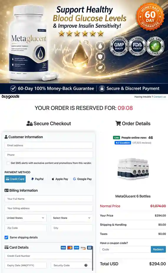 MetaGlucent 6 bottle best value blood glucose support supply with 60-day guarantee